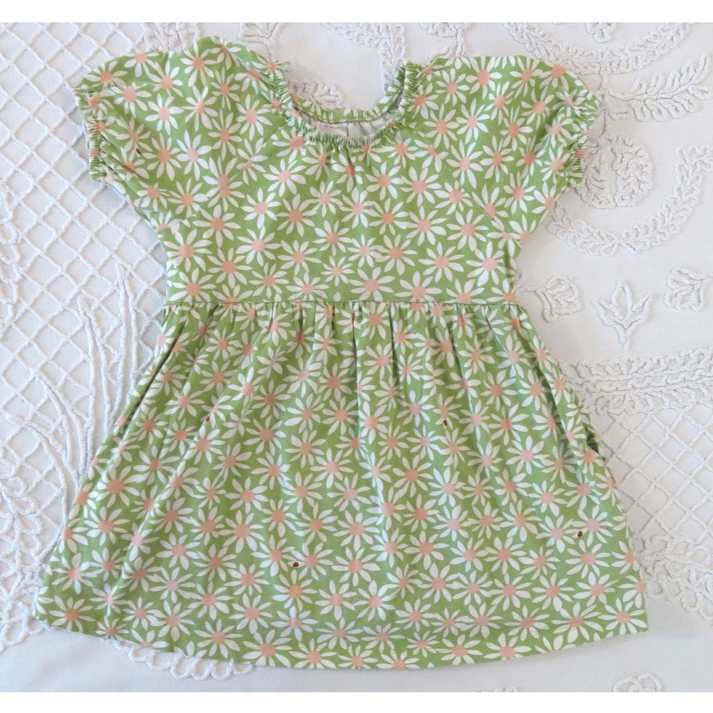 Hanna Andersson Girls Green Daisy Floral Ladybug Knit Dress Size 110 US 5 Pocket